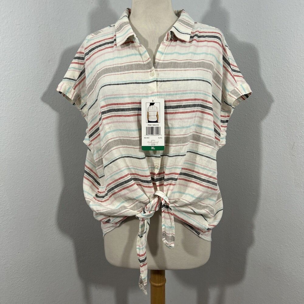 Weatherproof Top Womens XL Washable Linen Stripe Tie Front Button up Blouse